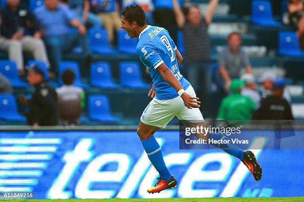 Joao Rojas of Cruz Azul celebrates after scoring the third goal of his team during the 12th round match between Cruz Azul and Veracruz as part of the...