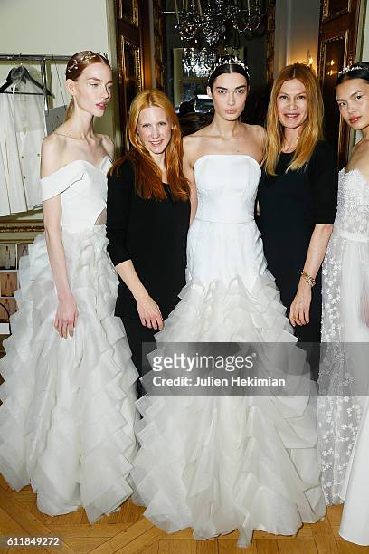 Designers Alexandra Fischer Roehler and Johanna Kuhl are pictured with the models after their show as part of the Paris Fashion Week Womenswear...