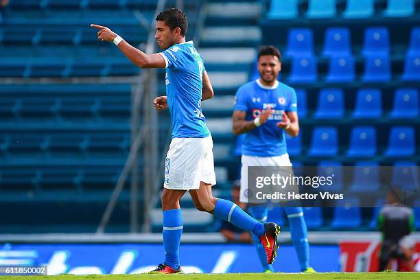 Joao Rojas of Cruz Azul celebrates after scoring the second goal of his team during the 12th round match between Cruz Azul and Veracruz as part of...