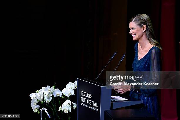Festival director Nadja Schildknecht speaks on stage during the Award Night Ceremony during the 12th Zurich Film Festival on October 1, 2016 in...