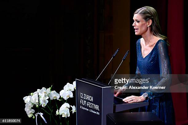 Festival director Nadja Schildknecht speaks on stage during the Award Night Ceremony during the 12th Zurich Film Festival on October 1, 2016 in...