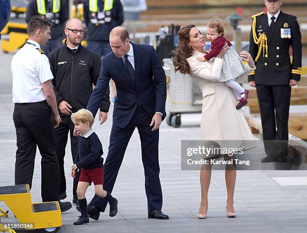 Catherine, Duchess of Cambridge; Prince William, Duke of Cambridge; Prince George and Princess Charlotte depart Victoria after the Royal Tour of...