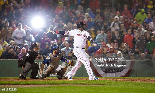 David Ortiz of the Boston Red Sox hits a foul ball during the second inning against the Toronto Blue Jays at Fenway Park on October 1, 2016 in...