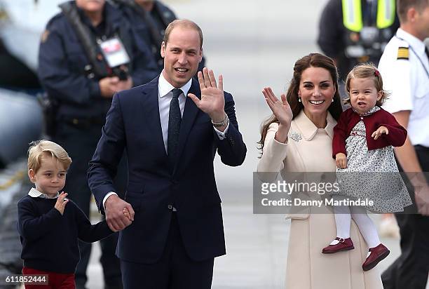 Prince George of Cambridge, Prince William, Duke of Cambridge, Catherine, Duchess of Cambridge, and Princess Charlotte of Cambridge are seen leaving...