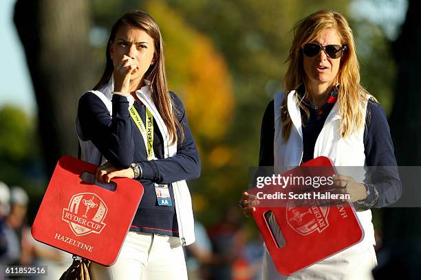 Annie Verret and Tabitha Furyk look on during afternoon fourball matches of the 2016 Ryder Cup at Hazeltine National Golf Club on October 1, 2016 in...