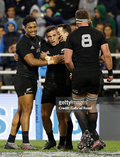 Perenara of New Zealand and teammates celebrate their team's try during match between New Zealand and Argentina as part of Rugby Championship 2016 at...
