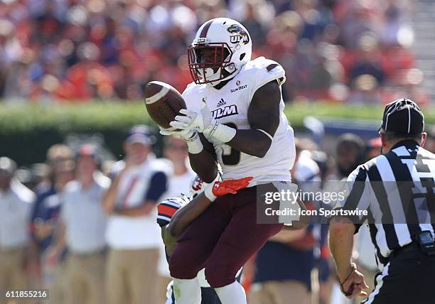 Louisiana Monroe Warhawks wide receiver Marcus Green catches a pass during an NCAA football game between the Auburn Tigers and the Louisiana-Monroe...