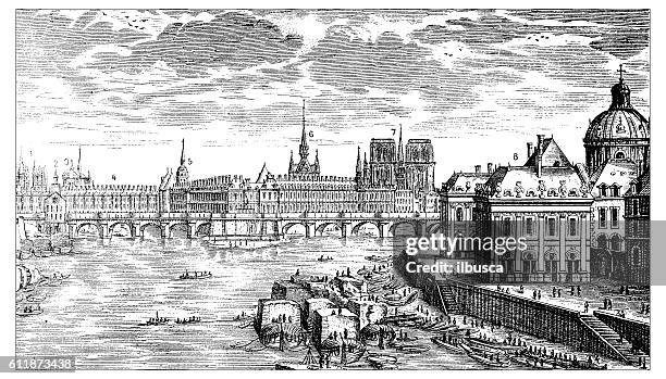 antique illustration of pont neuf, paris - ile de la cite stock illustrations