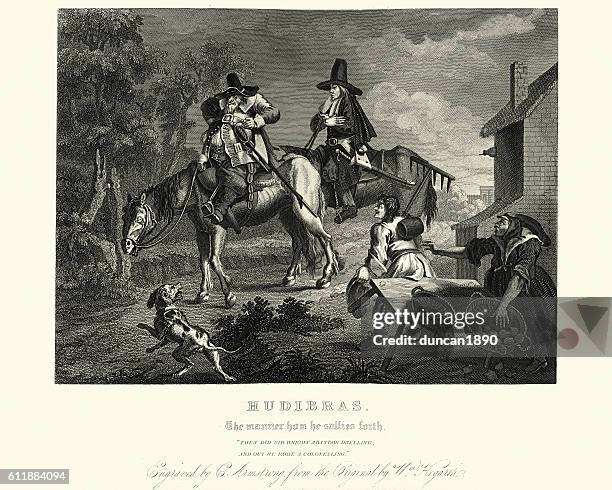 william hogarth's illustrations for samuel butler's hudibras - ugly horses stock illustrations