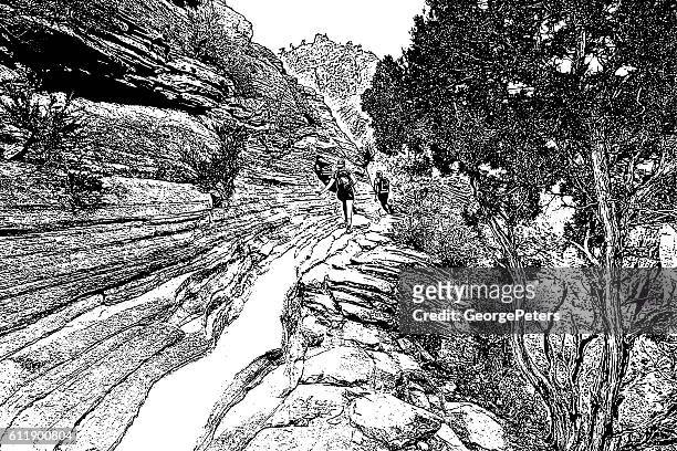 backpackers hiking a mountain trail - zion national park stock illustrations
