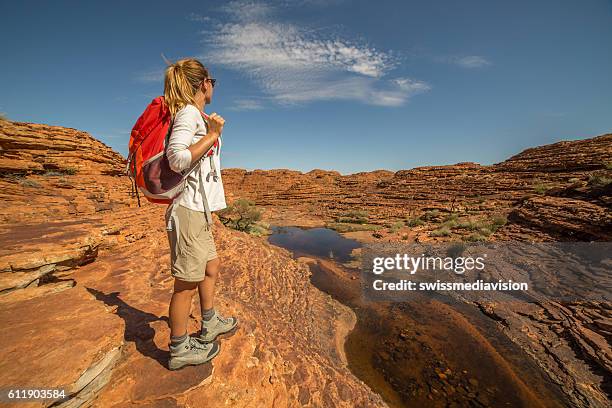 mujer joven contemplando la naturaleza en el día de senderismo - kings canyon fotografías e imágenes de stock