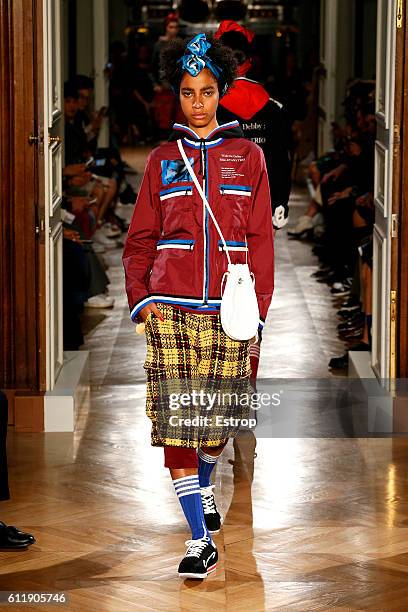 Model walks the runway during the Undercover designed by Jun Takahashi show as part of the Paris Fashion Week Womenswear Spring/Summer 2017 on...