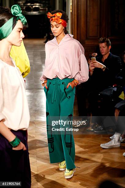 Model walks the runway during the Undercover designed by Jun Takahashi show as part of the Paris Fashion Week Womenswear Spring/Summer 2017 on...