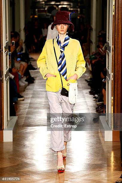 Model walks the runway during the Undercover designed by Jun Takahashi show as part of the Paris Fashion Week Womenswear Spring/Summer 2017 on...