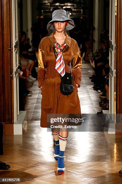 Model walks the runway during the Undercover designed by Jun Takahashi show as part of the Paris Fashion Week Womenswear Spring/Summer 2017 on...