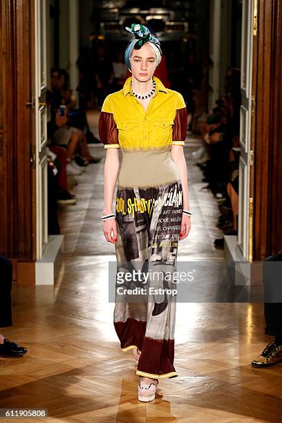Model walks the runway during the Undercover designed by Jun Takahashi show as part of the Paris Fashion Week Womenswear Spring/Summer 2017 on...