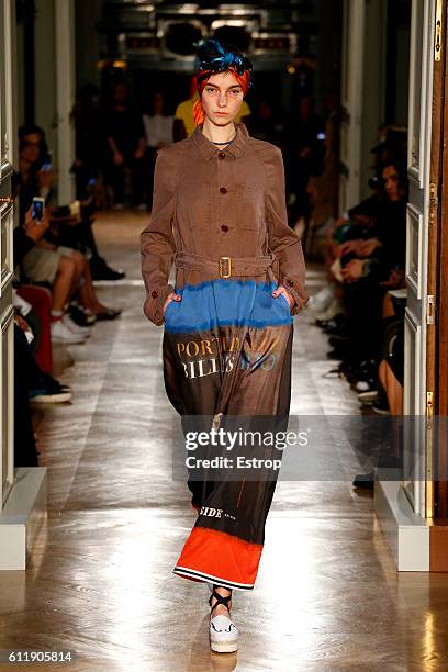 Model walks the runway during the Undercover designed by Jun Takahashi show as part of the Paris Fashion Week Womenswear Spring/Summer 2017 on...