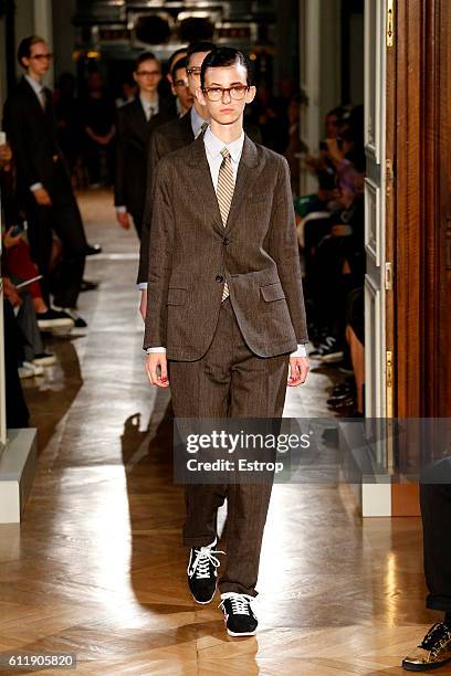 Model walks the runway during the Undercover designed by Jun Takahashi show as part of the Paris Fashion Week Womenswear Spring/Summer 2017 on...