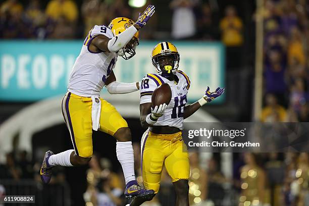 Tre'Davious White of the LSU Tigers reacts after an interception against the Missouri Tigers at Tiger Stadium on October 1, 2016 in Baton Rouge,...