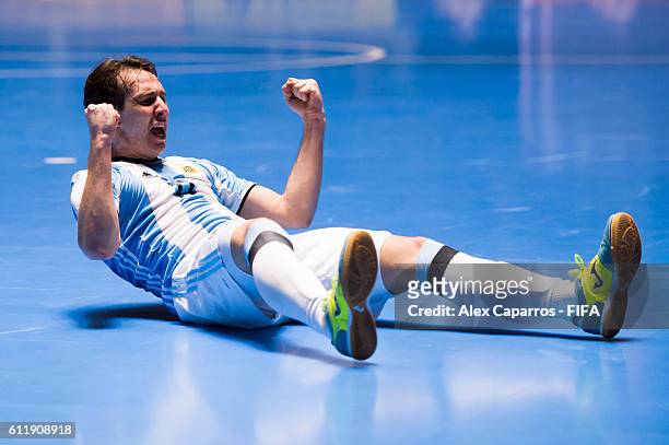 Alan Brandi of Argentina celebrates after scoring a goal during the FIFA Futsal World Cup final between Russia and Argentina at Coliseo el Pueblo on...