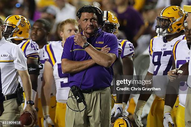 Interim head coach Ed Orgeron watches the game against the Missouri Tigers at Tiger Stadium on October 1, 2016 in Baton Rouge, Louisiana.