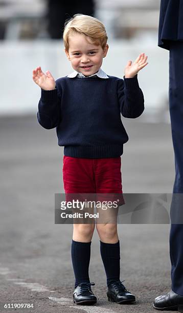 Prince George of Cambridge departs Victoria on October 1, 2016 in Victoria, Canada.