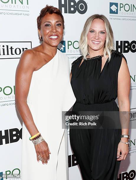 Television personality Robin Roberts and Amber Laign arrive at Point Foundation's Point Honors gala at The Beverly Hilton Hotel on October 1, 2016 in...