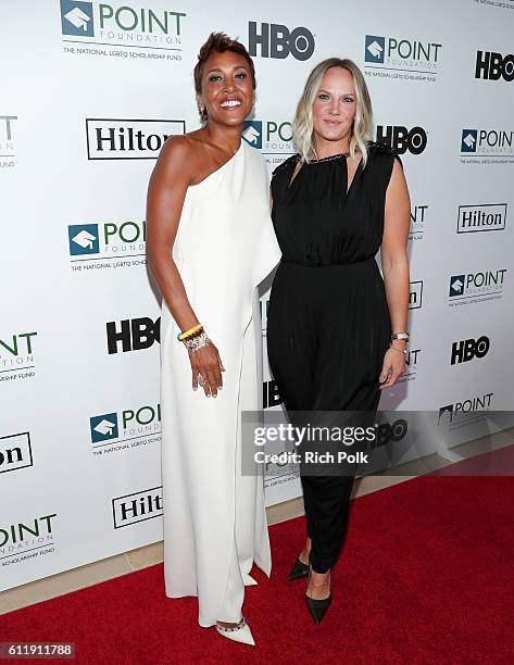 Television personality Robin Roberts and Amber Laign arrive at Point Foundation's Point Honors gala at The Beverly Hilton Hotel on October 1, 2016 in...