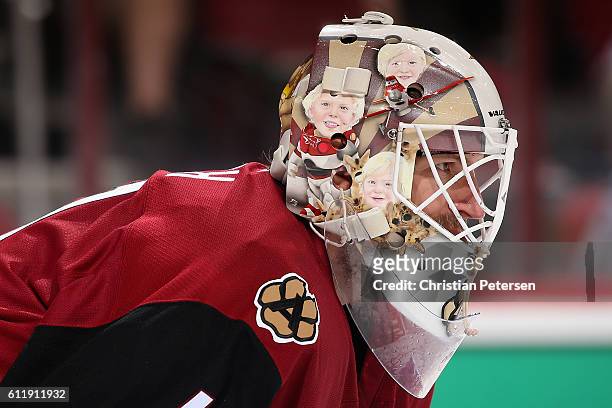 Goaltender Mike Smith of the Arizona Coyotes looks down ice during the second period of the preseason NHL game against Anaheim Ducks at Gila River...