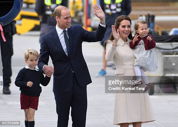 Catherine, Duchess of Cambridge, Prince William, Duke of Cambridge, Prince George and Princess Charlotte depart Victoria after the Royal Tour of...