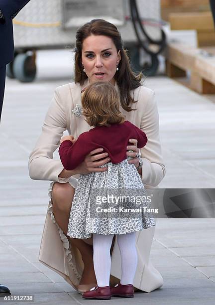 Catherine, Duchess of Cambridge and Princess Charlotte depart Victoria after the Royal Tour of Canada at Victoria Inner Harbour on October 1, 2016 in...