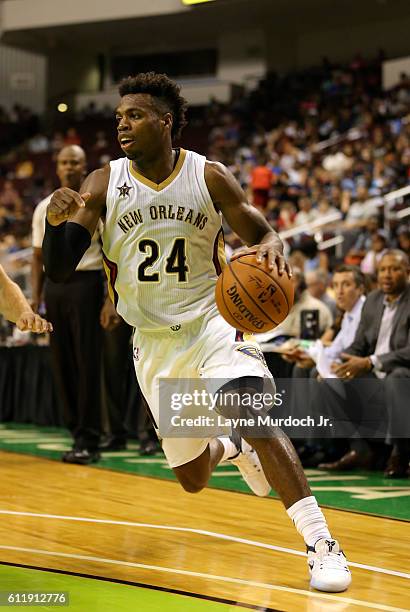 Buddy Hield of the New Orleans Pelicans drives to the basket against the Dallas Mavericks during a preseason game on October 1, 2016 at CenturyLink...