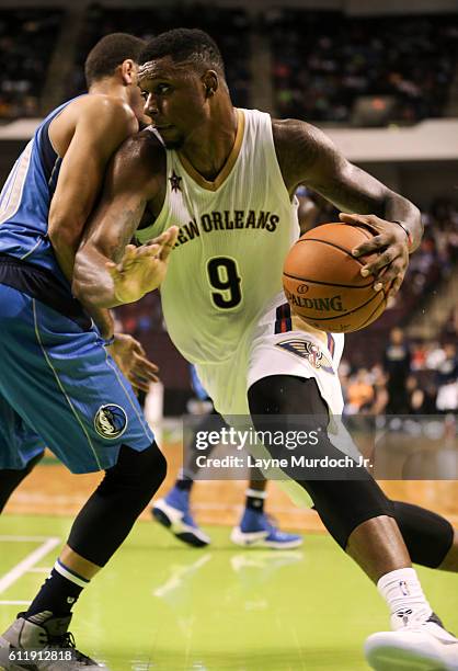 Terrence Jones of the New Orleans Pelicans drives to the basket against the Dallas Mavericks during a preseason game on October 1, 2016 at...