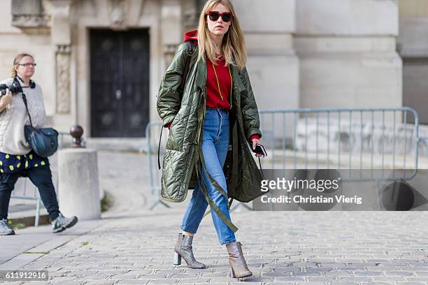 Annabel Rosendahl wearing a green parka outside Mugler on October 1, 2016 in Paris, France.