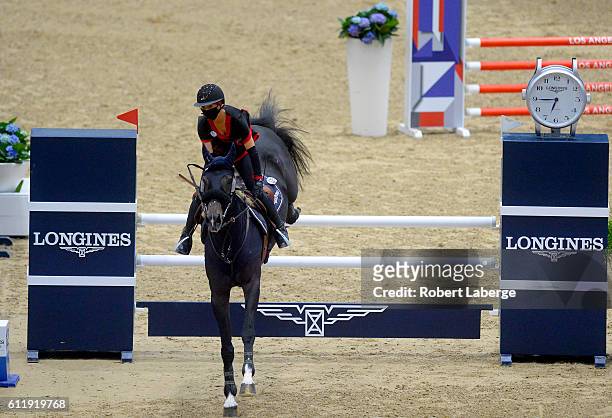 Jane Richards Phillips jumps during the Pro-Am for Charity event during the Longines Masters of Los Angeles 2016 at the Long Beach Convention Center...