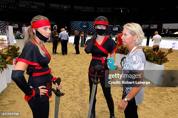 Jane Richards Phillips and Destry Spielberg walk the course during the Pro-Am for Charity event during the Longines Masters of Los Angeles 2016 at...