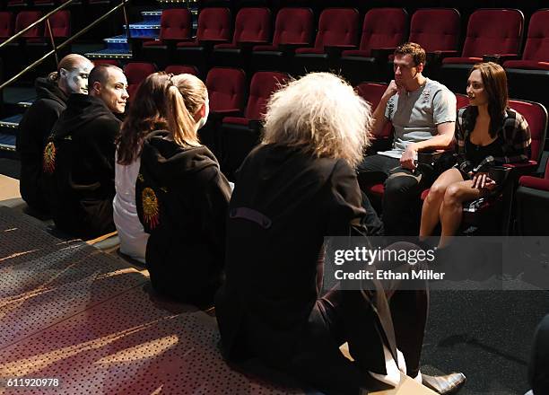 Olympian Ryan Lochte and dancer Cheryl Burke meet with creatives and performers during a rehearsal for their "Dancing with the Stars" performance...