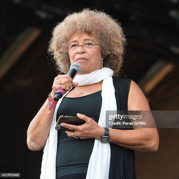 Activist Angela Y. Davis onstage at 2016 Many Rivers to Cross Festival at Bouckaert Farm on October 1, 2016 in Fairburn, Georgia.