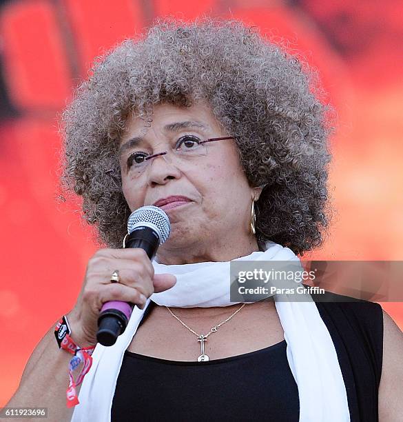 Activist Angela Y. Davis onstage at 2016 Many Rivers to Cross Festival at Bouckaert Farm on October 1, 2016 in Fairburn, Georgia.