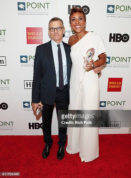 Honorees Michael Lombardo and Robin Roberts attend Point Foundation's Point Honors gala at The Beverly Hilton Hotel on October 1, 2016 in Beverly...