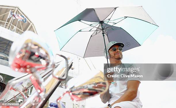 Lewis Hamilton of Great Britain and Mercedes GP on the drivers parade before the Malaysia Formula One Grand Prix at Sepang Circuit on October 2, 2016...