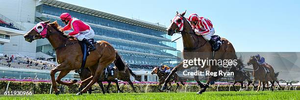 The Quarterback ridden by Matthew Allen wins Gilgai Stakes at Flemington Racecourse on October 02, 2016 in Flemington, Australia.