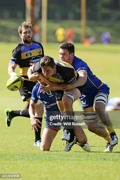 Richard Hardwick of the Spirit is tackled during the round six NRC match between the Perth Spirit and Brisbane City at UWA Sports Park on October 2,...