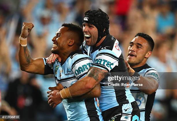 Ben Barba of the Sharks celebrates after scoring a try during the 2016 NRL Grand Final match between the Cronulla Sutherland Sharks and the Melbourne...