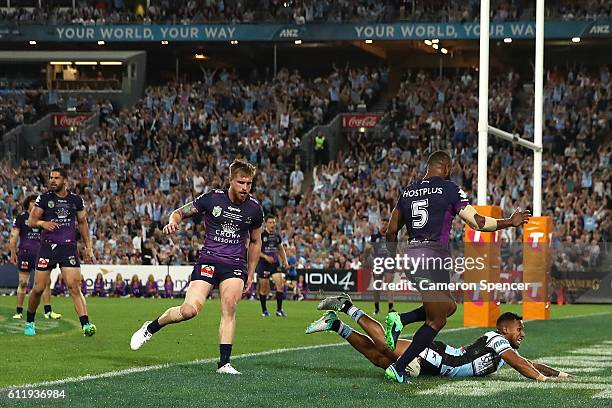 Ben Barba of the Sharks scores a try during the 2016 NRL Grand Final match between the Cronulla Sharks and the Melbourne Storm at ANZ Stadium on...