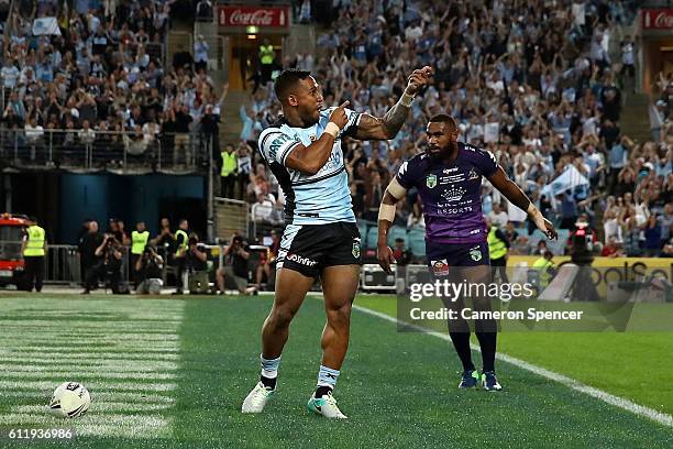 Ben Barba of the Sharks scores a try during the 2016 NRL Grand Final match between the Cronulla Sharks and the Melbourne Storm at ANZ Stadium on...