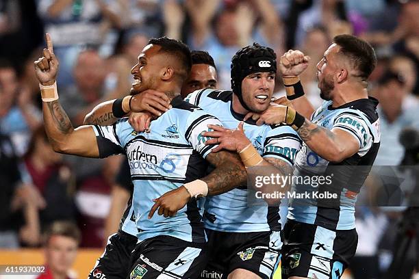 Ben Barba of the Sharks scores a try during the 2016 NRL Grand Final match between the Cronulla Sharks and the Melbourne Storm at ANZ Stadium on...