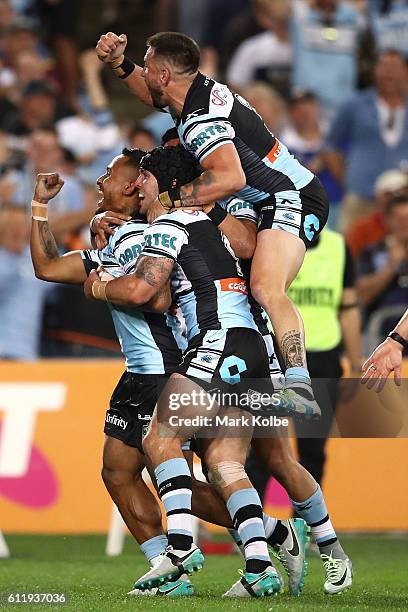 Ben Barba of the Sharks scores a try during the 2016 NRL Grand Final match between the Cronulla Sharks and the Melbourne Storm at ANZ Stadium on...