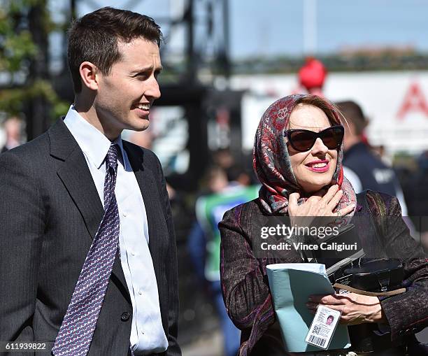 Trainer Gai Waterhouse and son Tom Waterhouse are seen during Melbourne Racing at Flemington Racecourse on October 2, 2016 in Melbourne, Australia.