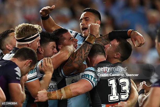 Andrew Fifita of the Sharks scores a try during the 2016 NRL Grand Final match between the Cronulla Sharks and the Melbourne Storm at ANZ Stadium on...